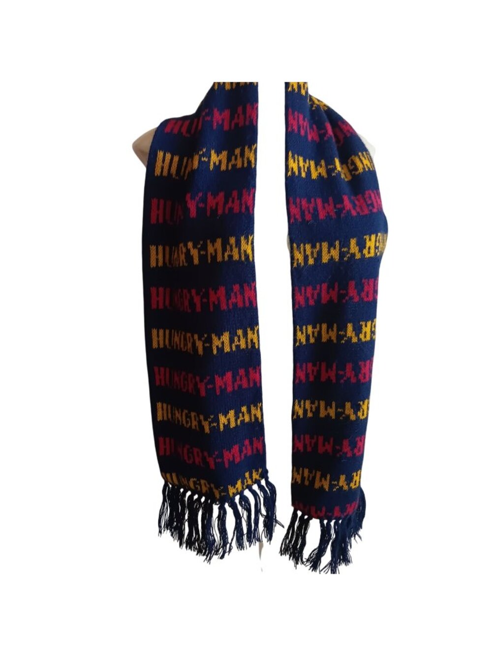 Vintage 80's Scarf Hungry-Man T.V. Dinner Advertising Logo Knit Fringe 50" 50x8
